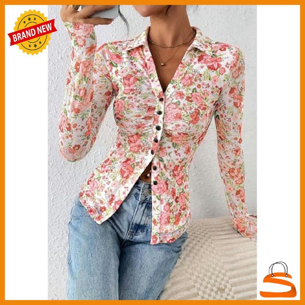 Long Sleeve Mesh Button Down Blouse V-Neck Boho Floral Top - Picture 5 of 8